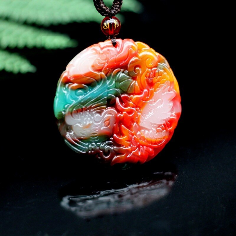 Natural Color Jade Dragon Phoenix Pendant Necklace Chinese Jewelry Hand-Carved Charm Amulet for Men Women Lovers