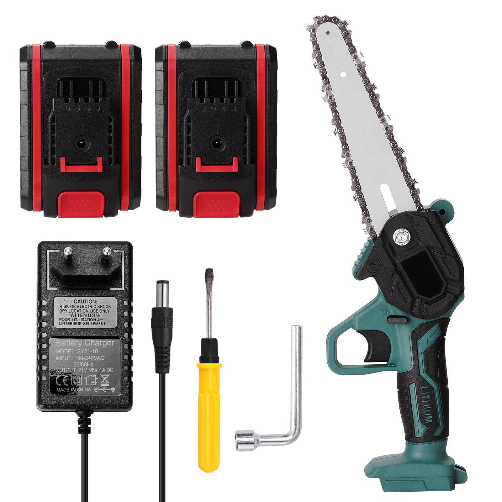 Mini Sierra de poda eléctrica portátil, 21V, pequeña sierra de cadena de empalme de madera recargable, herramienta de carpintería para jardín, huerto, ramas, Clip: 2 Batteries-EU Plug