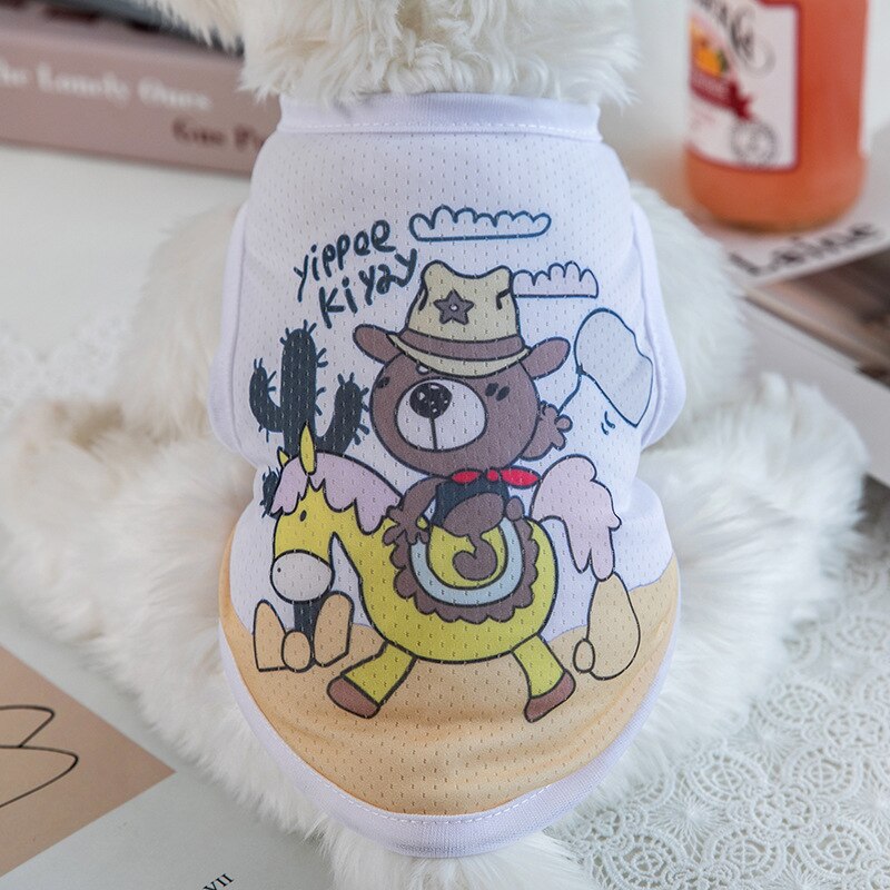 Ropa de verano de seda de hielo para mascotas, chaleco transpirable con estampado de dibujos animados de animales, para gatos, Yorkshire, cachorro