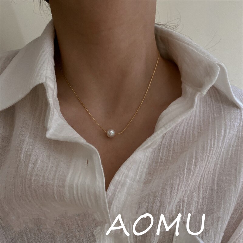 AOMU-collar con cadena fina de clavícula para mujer, collar Retro coreano con perlas geométricas de Metal dorado, joyería con carácter que combina con todo, novedad de