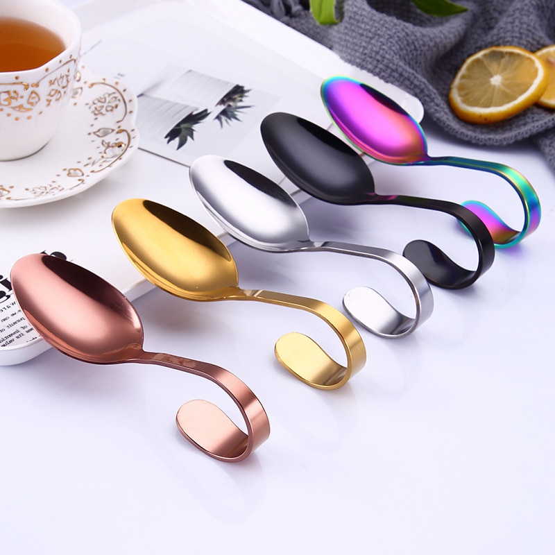 1 Pcs 304 Stainless Steel Hotel Buffet Kitchen Curved Handle Dessert Soup Spoon Cutlery Kitchen Accessories Drinking Tools