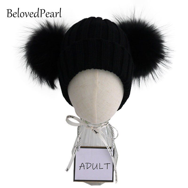 Volwassen Dubbele Bont Pompon Winter Hoeden voor Vrouwen Wol Blend Gebreide Heren Hoeden en Caps
