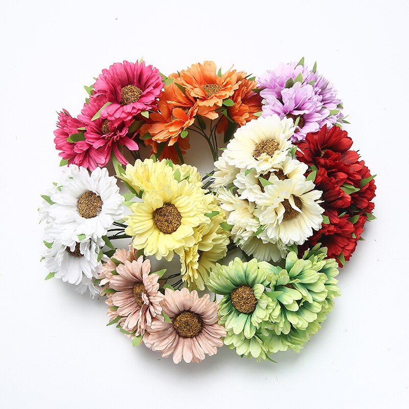 6 stk/parti 5cm kunstig blomst silke gerbera solsikkebukett til bryllup hjemme hage vase dekorasjon diy krans utklippsbok