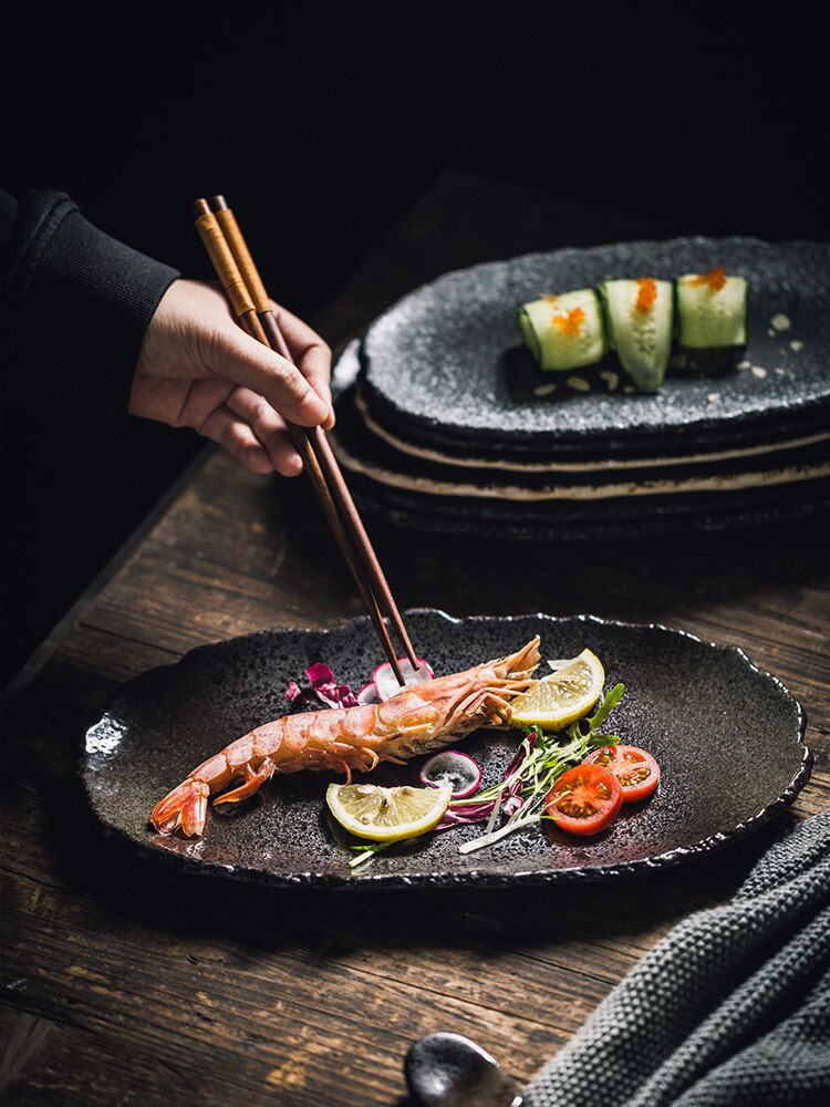 Vajilla de cerámica de perla negra de estilo japonés EECAMAIL, plato de sushi con tiras largas irregulares, bandeja de uso diario, plato de aperitivos y postres