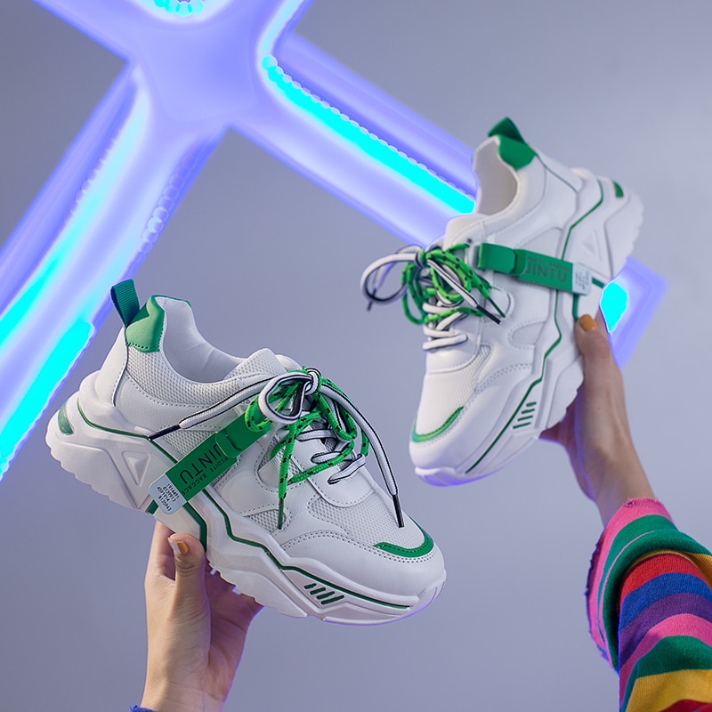 Chunky sneakers kvinder blandede farver patchwork tykke såler kvinder fritidssko åndbar mesh platform sneakers med snøre