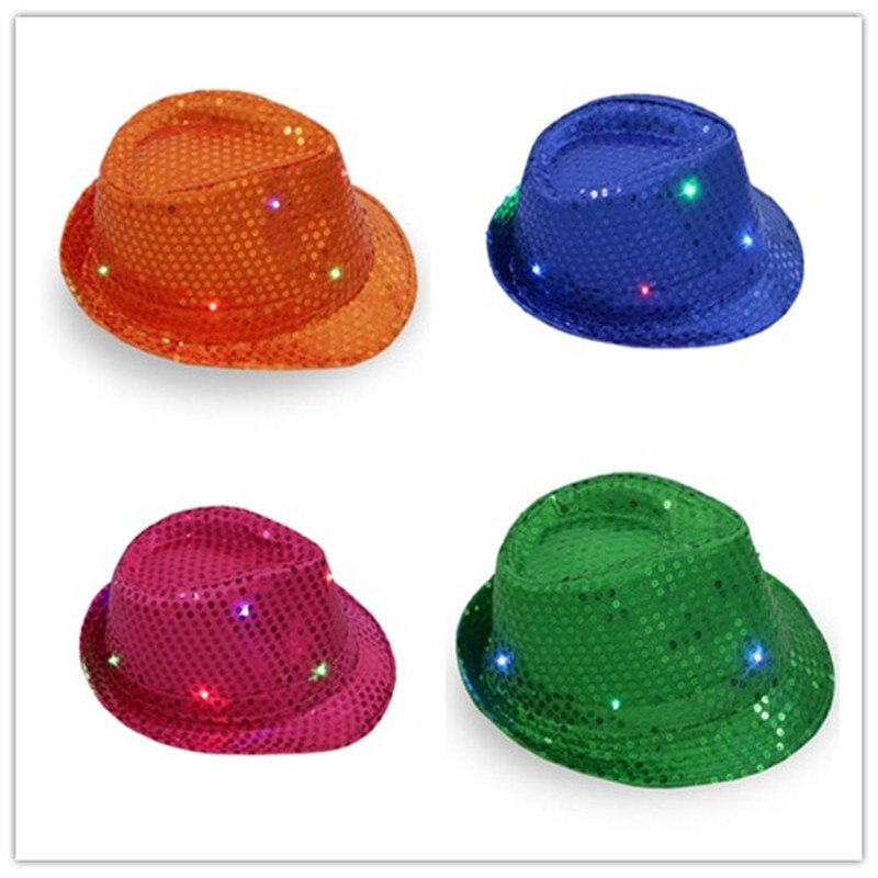 LED Flashing Light Up Fedora Cowboy Hat Sequin Unisex Fancy Dress Dance Party Hat