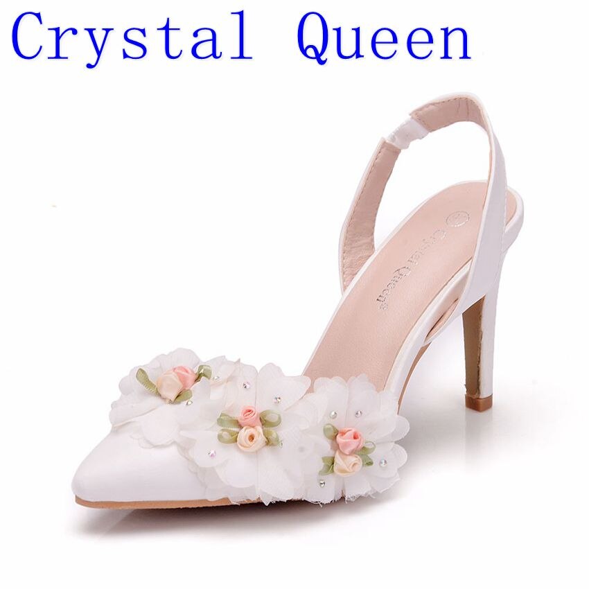 Crystal Queen blanco encaje flor zapatos de boda de novia punta fina zapatos y vestido de novia tacón alto 10cm dos tipos sandalias de mujer bombas