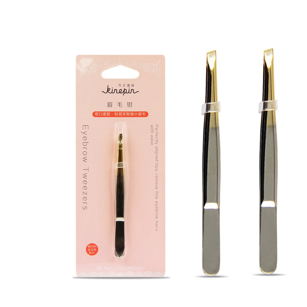 KINEPIN 1PC Pro 24K Gold Women Stainless Steel Hair Removal Eyebrow Tweezers Clip Beauty Makeup Tools Slant Brow: Slant-2PCS