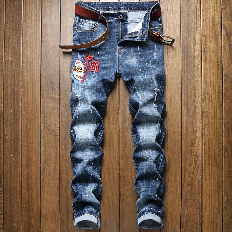 Pantalones vaqueros bordados para hombre, Jeans informales elásticos de pierna recta, ajustados, de , a la , primavera,
