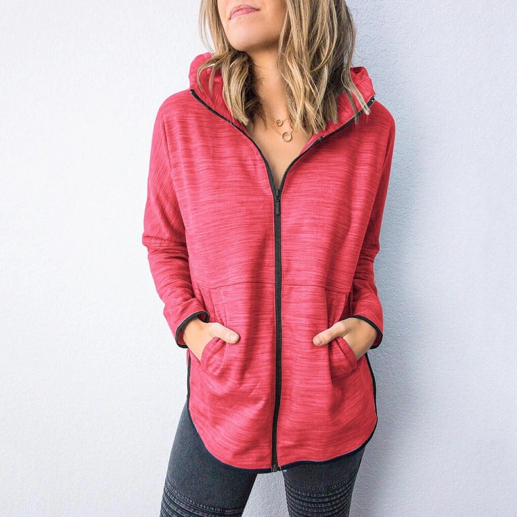 Vrouwen Winter Herfst Solid Hooded Lange Jassen Casual Sport Jassen Met Pocket Warmer Rits Jas Brede taille Bovenkleding Vrouwelijke: red / S