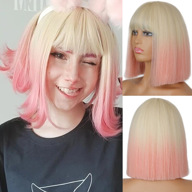 Linghang Short Bob Wig With Bangs for Women Synthetic Bob Wigs Black Pink Purple Wig for Party Daily Use Shoulder Length: T1B/613