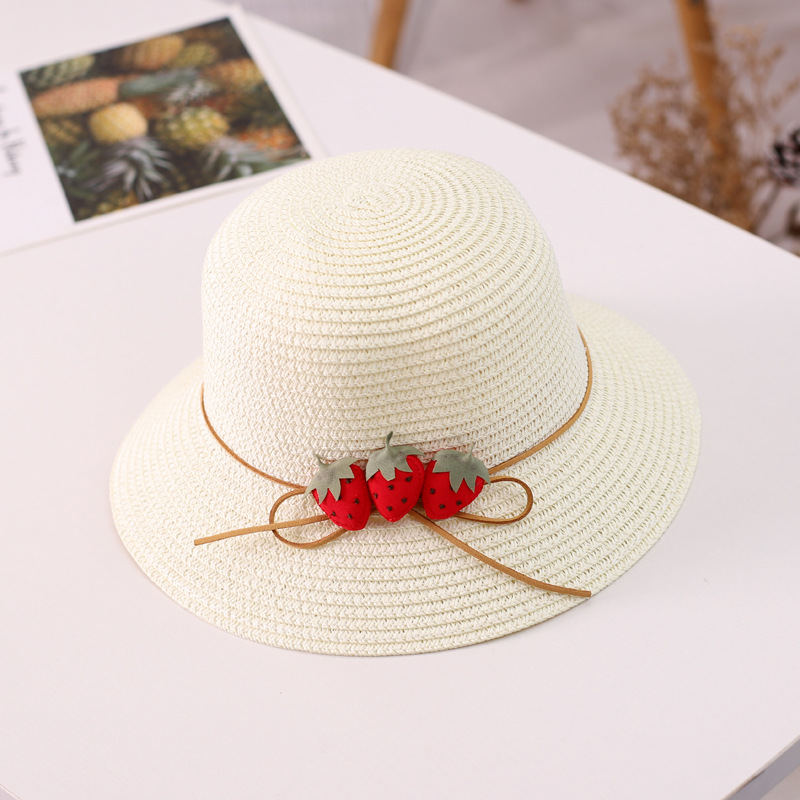 bonnet bebe fille Ensemble chapeau et sac en paille ondulé à la fraise pour fille, 2 pièces, accessoires de protection solaire pour enfants de 3 à 8 ans, printemps et été: Hat-White