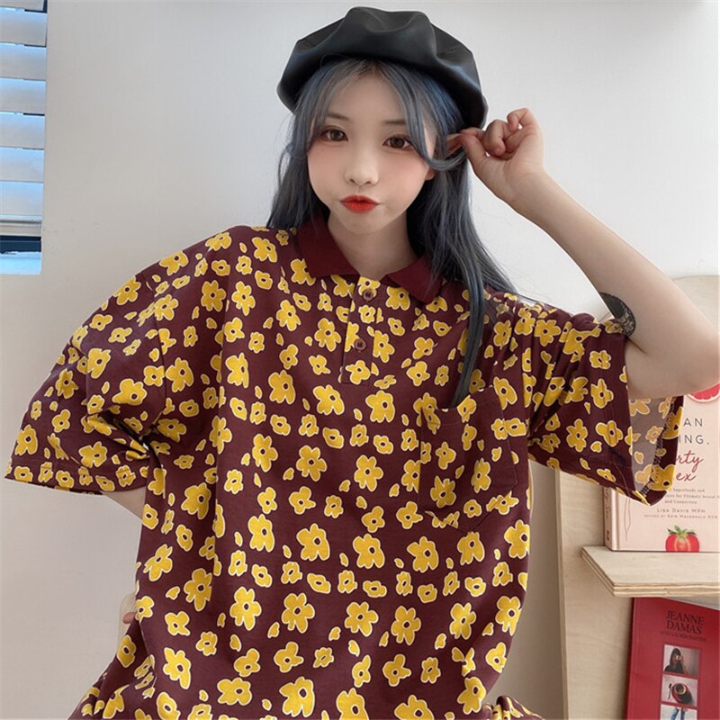 Polos japonais oversize pour femmes, bleu et jaune, manches courtes, ample, imprimé cœur, été,  l0735