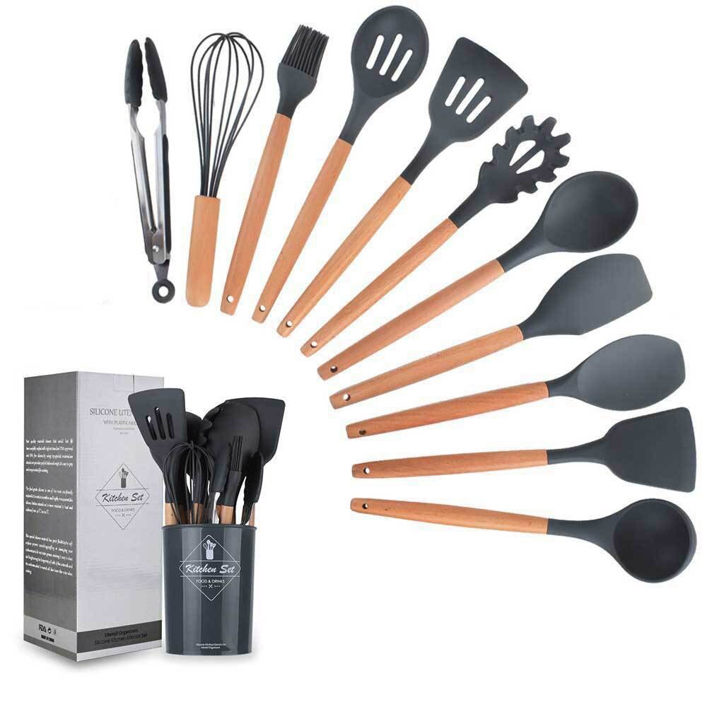 Black Silicone Cooking Utensils Set Kitchenware Heat Resistant Non-Stick Cooking Utensils Baking Kitchen Tools with Storage Box: 11 Pcs Full Set
