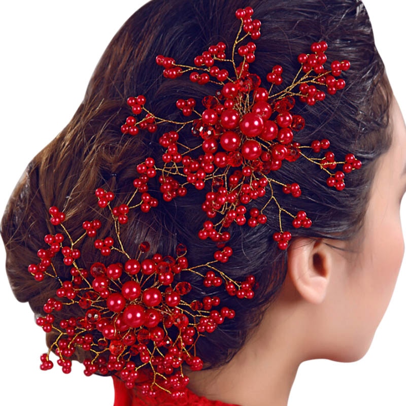 FORSEVEN, 1 pieza, peines de cristal con perla roja para mujeres, joyería para novia, Tiaras para el pelo, joyería para el pelo, accesorios nupciales para el cabello JL: Red 1pc