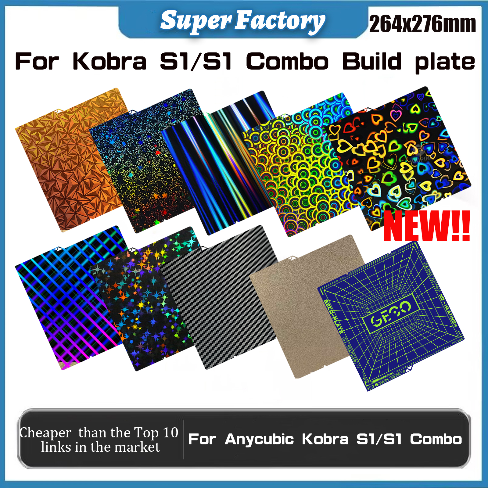 Cama holográfica para Anycubic Kobra S1, hoja Pei 264x276 PEI texturizada H1H PET Kobra S1, placa de construcción combinada Kobra S1C 3d