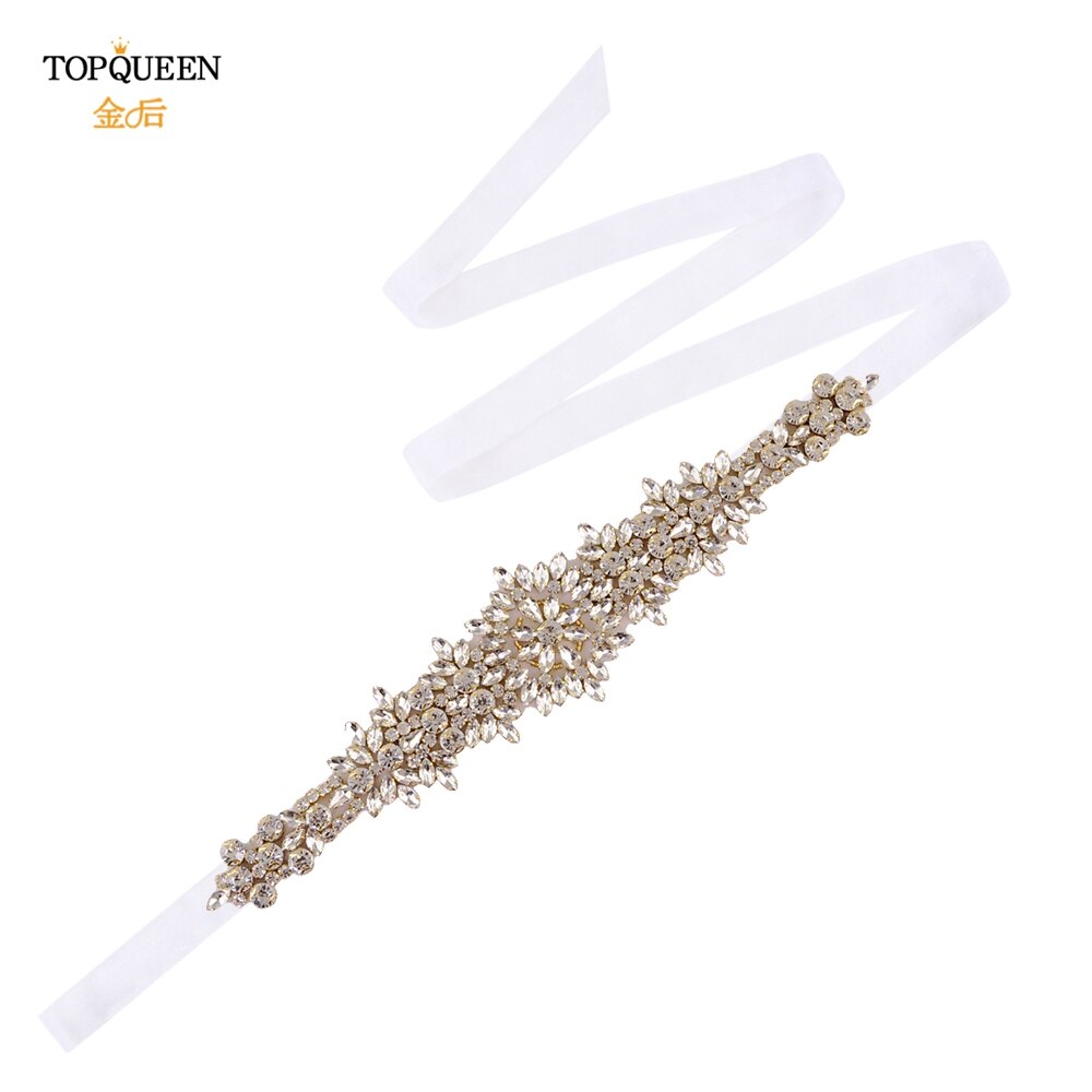 TOPQUEEN-cinturones para vestidos de novia de talla grande S319-G, cinturones dorados para mujer, cinturón de diamantes de imitación, cinta de lujo para novia, faja de boda: Organza  White