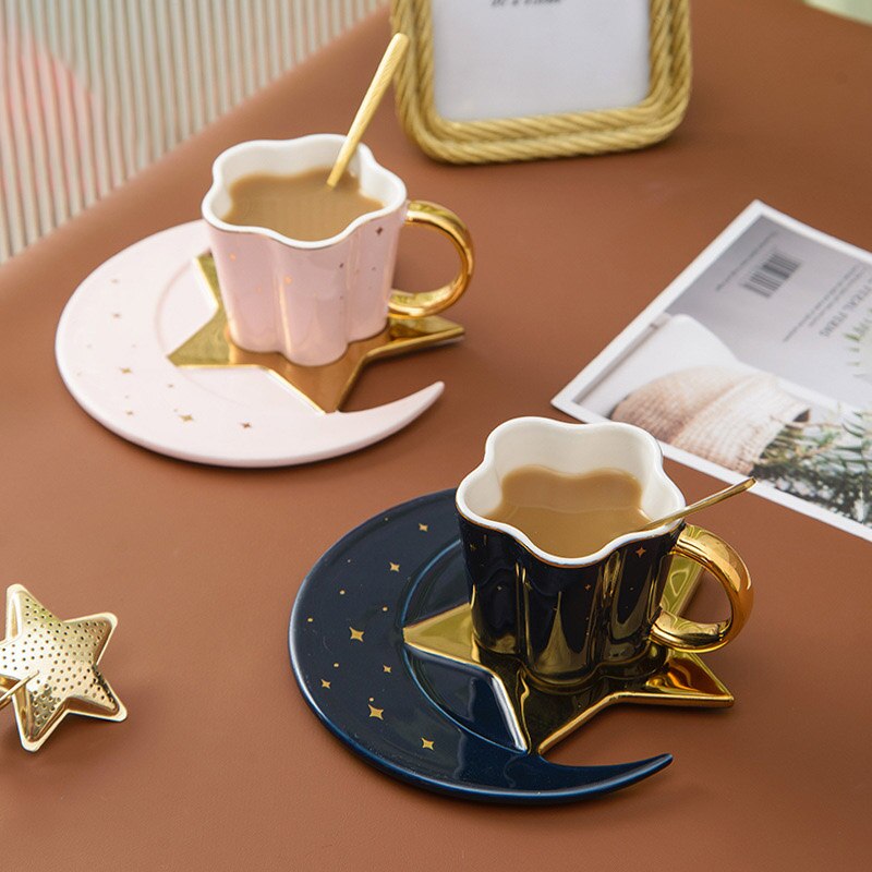 Ceramic Star Moon Shaped Coffee Mug And Saucer With Spoon Milk Tea Water Cup Gold Rim Cafe Mugs Plate Dish Coffeeware Home Cups