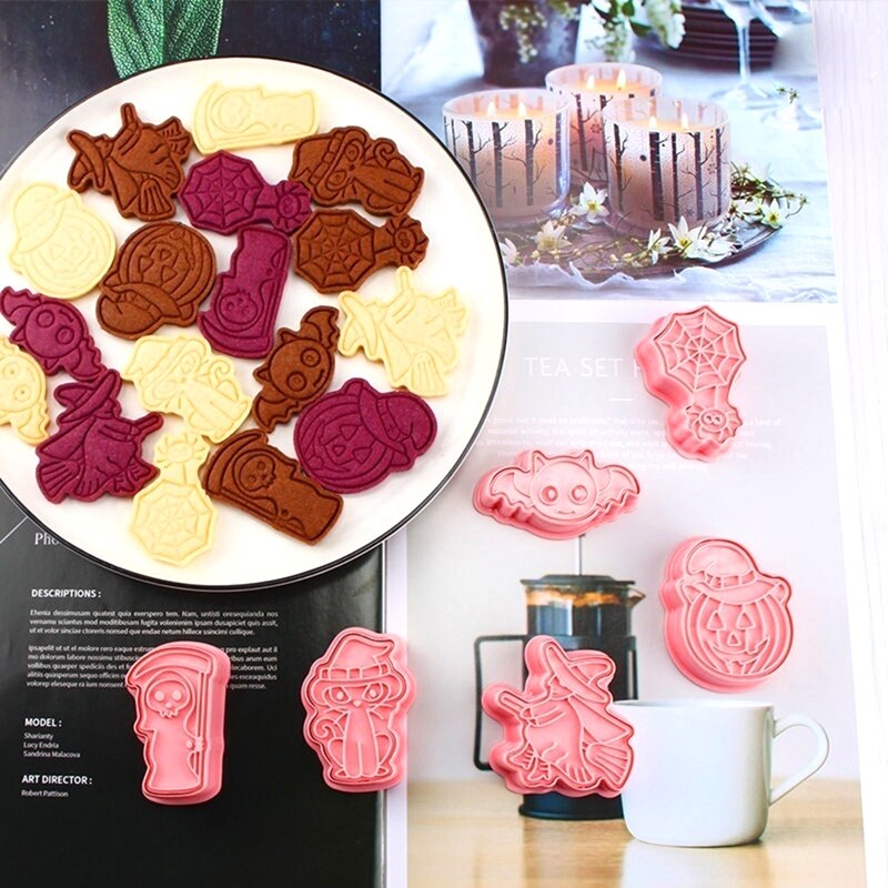 6 st/set halloween kakformar plast 3d tecknad pressbar kexform kakstämpel kök bakverk verktyg
