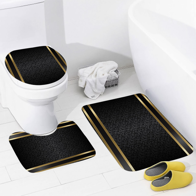 Juego de baño de lujo negro y dorado: cortina de ducha, alfombrillas de baño antideslizantes y cubierta de inodoro, decoración moderna (4 piezas)