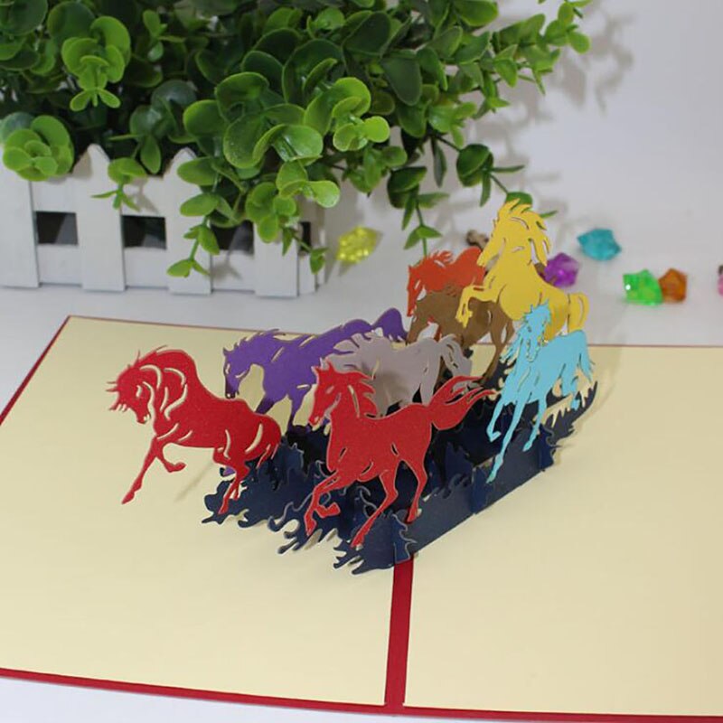 3D Handmade Art Of Calligraphy Colorful Galloping Horse Paper Invitation Greeting Cards Hollowed-out Business Greeting Card