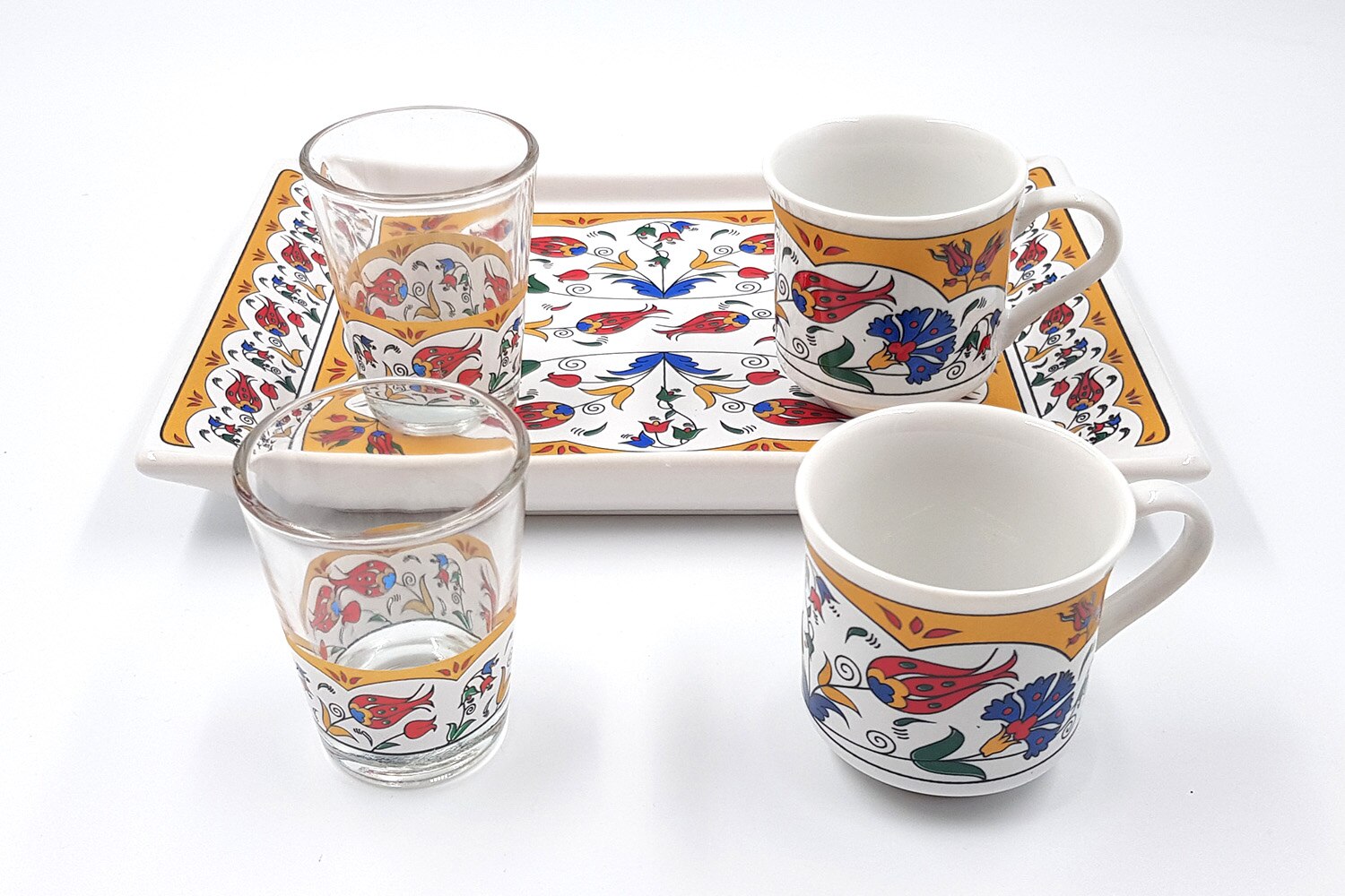 5 Piece Porcelain Flower Pattern Tea Set Tea Tray Turkey Istanbul Traditional Presentation Set 2 cups 2 cups 1 tray