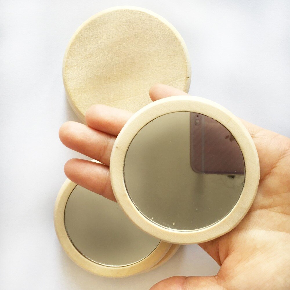 Wooden Small Round Mirror Portable Pocket HD Mirror Wood Mini Makeup Mirror 7cm D50