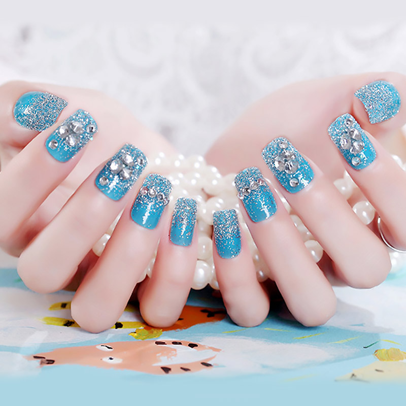 Mode Vrouwen Nail Arts 24 Pcs Blauw Nep Nagels Shining Glitter Grote Strass Acryl Volledige Nail Tips Faux Ongles lange Nagels