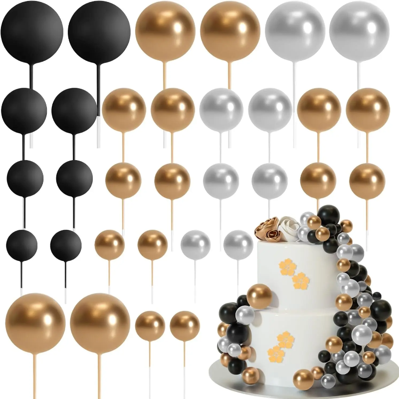 Décoration de gâteau vert sauge marron, 32 pièces, boules en mousse dorée, bricolage, décoration de gâteau pour réception pour bébé, fête d'anniversaire: GRIS FONCÉ