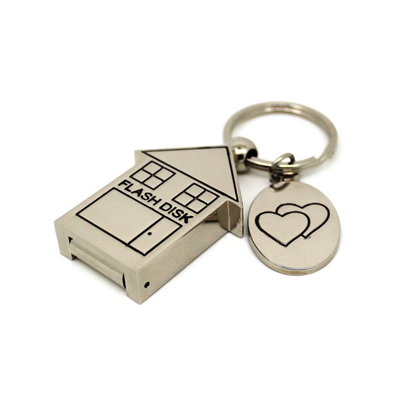 Silver metal lovely Keychain Pendrive house Shape USB Flash Drive 4GB 8GB 16GB 32GB Memory stick Pen Drive 64GB u disk