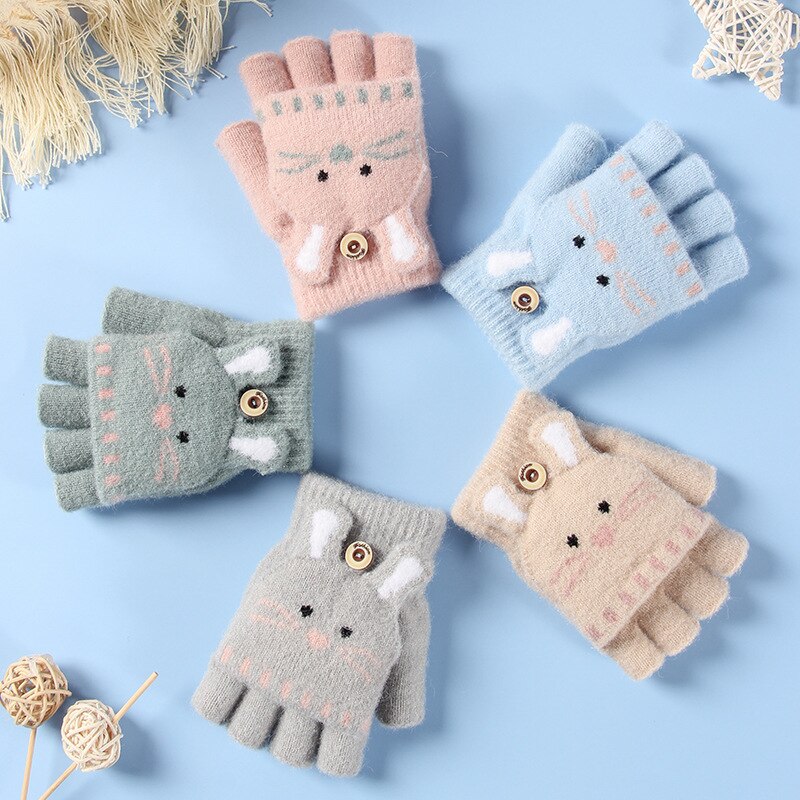 Gants doux tricotés avec des animaux de dessin animé pour bébés, pour filles et garçons, à rabat, mitaines chaudes sans doigts pour enfants, automne et hiver