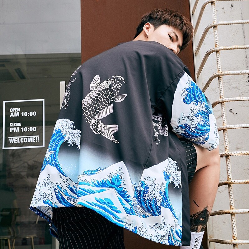 Kimono menn japansk kimono tradisjonell mannlig kimono cardigan herre harajuku streetwear samurai kostyme yukata mannlig haori obi  kk001: Xl