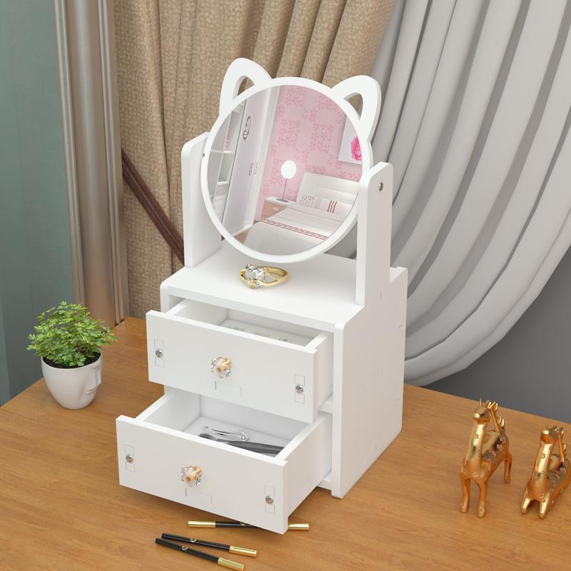 Espejo de maquillaje con orejas de gato para mujer, organizador de cosméticos de escritorio, tipo cajón de plástico de madera, caja de almacenamiento de cosméticos, estante con espejo de tocador