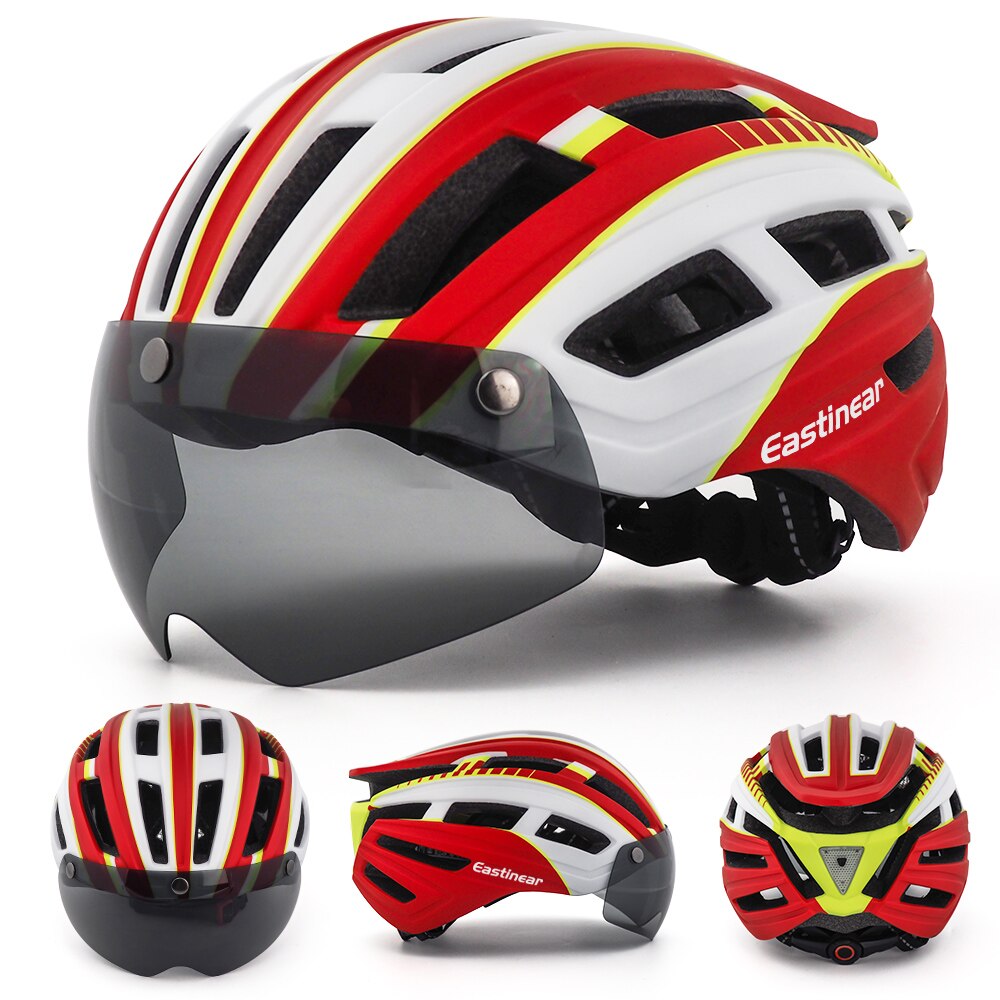 Fahrrad Helm Erwachsene Männer Frauen mit Magnetische Brille Sonnenblende Fahrrad Helm mit Hinten Led Licht Einstellbar für Rennrad radfahren: HT22-RedWhite