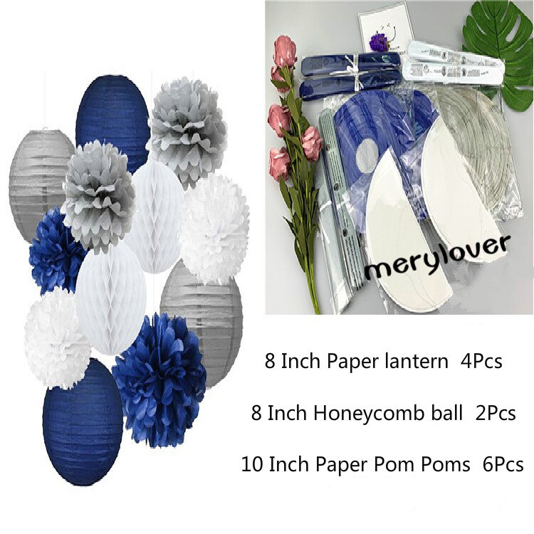 12pcs/set Mixed Paper Lantern Paper Honeycomb Ball Hanging Paper Pom PomsWedding Birthday Decor DIY Baby Shows Party Supplies: blue gray 12pcs