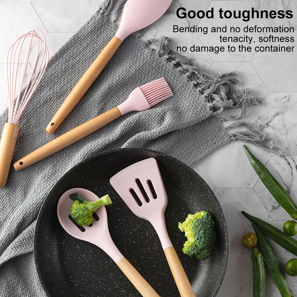 Wooden Handle Silicone Cooking Utensils Kitchen Utensil Set Non-stick Spatula Scraper Soup Spoon Brush Egg Beater Kitchen Tools
