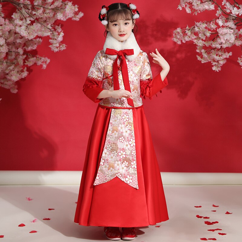 Hanfu-vestido tradicional chino para niña, traje Tang rojo, ropa de Otoño/Invierno para niños mayores de 8 años, ropa de Año