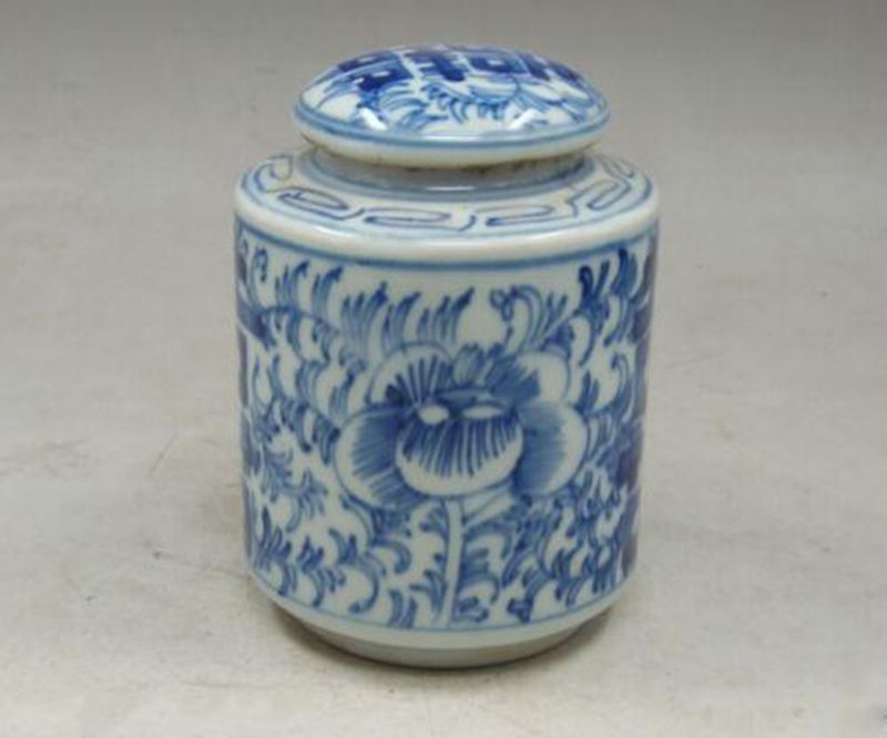 Chinese Oude Handgemaakte Schilderij Bloemen Blauw En Wit Porselein Thee Caddy Pot