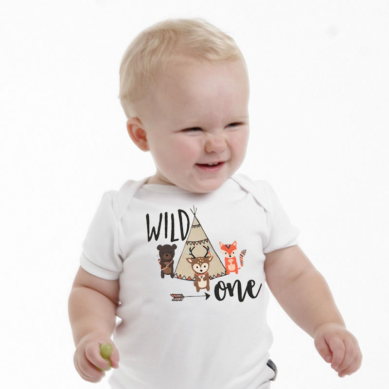 DERMSPE Newborn Baby Boy Girl Short Sleeve Letter Print Wild One Bear Giraffe Fox Jumpsuit Summer Baby Clothes White