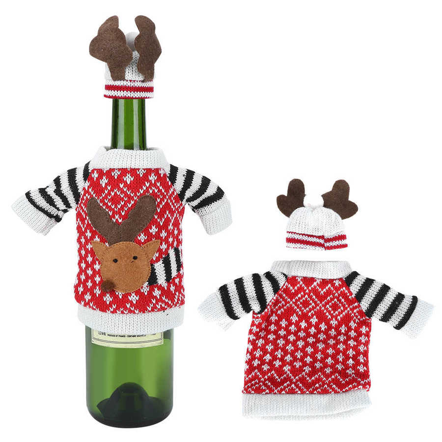 Couvre-bouteille de vin en tricot pour noël 2 pièces/ensemble, mignon, élan, Champagne, pull pour décorations de fête, décoration de bouteille de vin