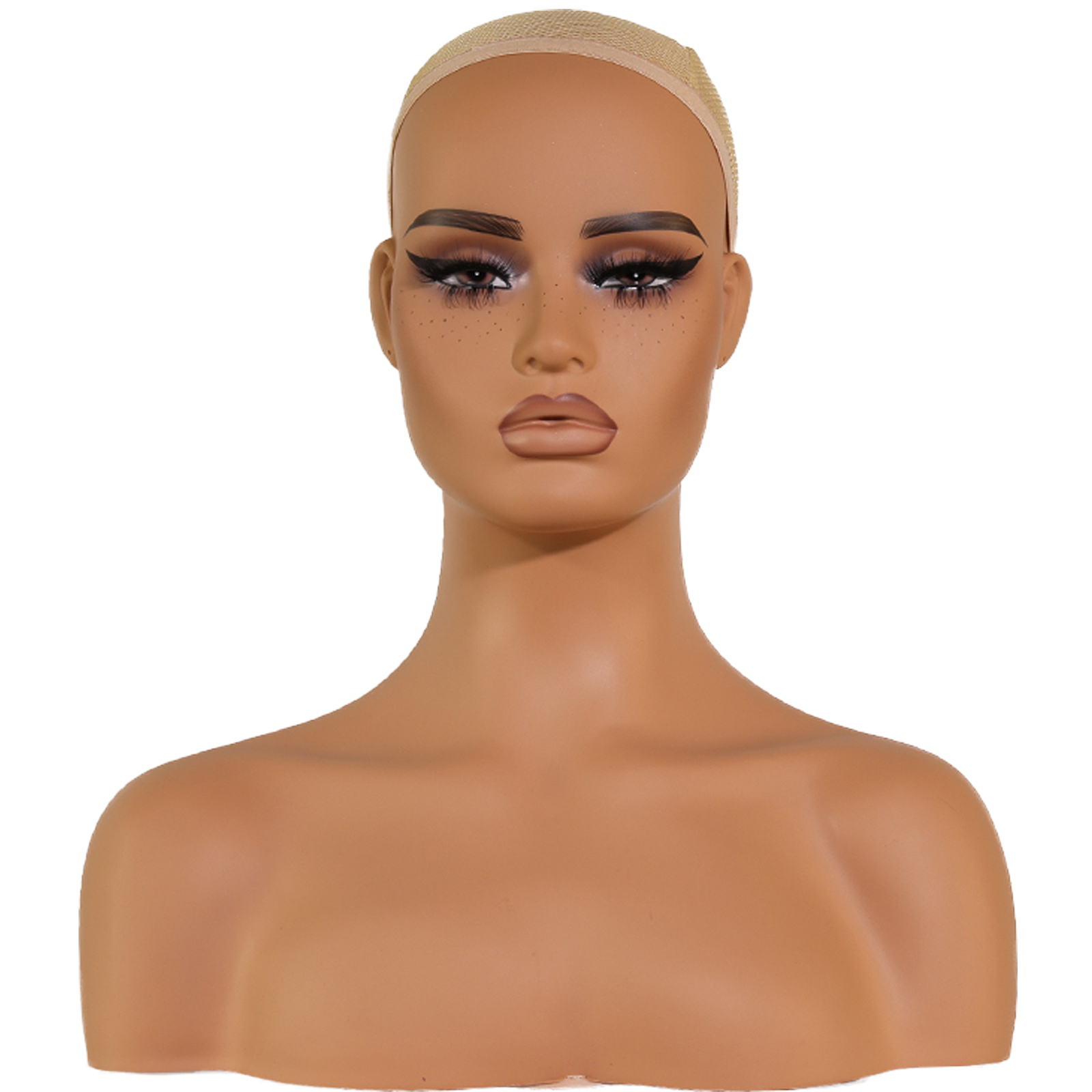 Cabeza de exhibición de pelucas de cara cuadrada, cabeza de maniquí realista con hombros, cabeza llena de espuma de Pvc con sombra de ojos, orificios para las orejas, pestañas: Marfíl