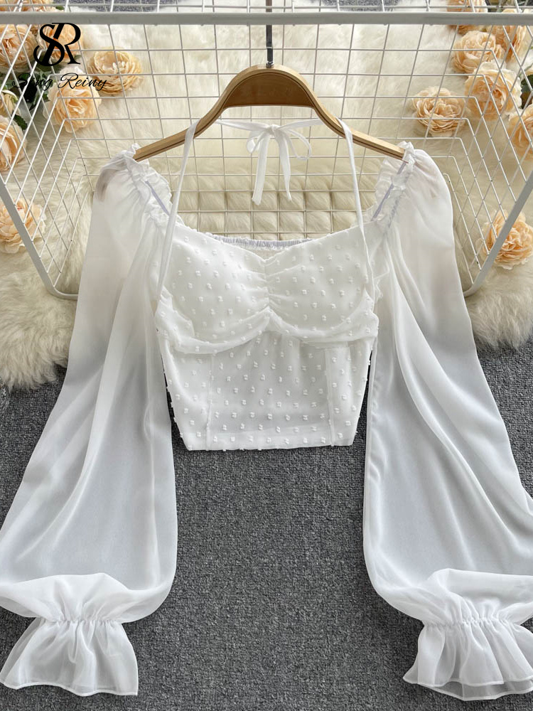 Singiny blusa curta dobrável de bolinhas, verão, gola slash, manga comprida, feminina, gravata halter, cintura elástica, moda praia francesa: Marfim