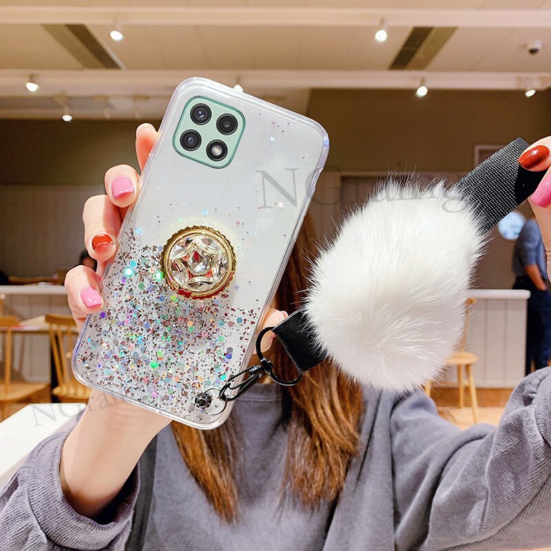 Handphone case for Samsung Galaxy A22S A22 4G 5G soft tpu Luxury Rhinestone Ring Holder Hariball With strap