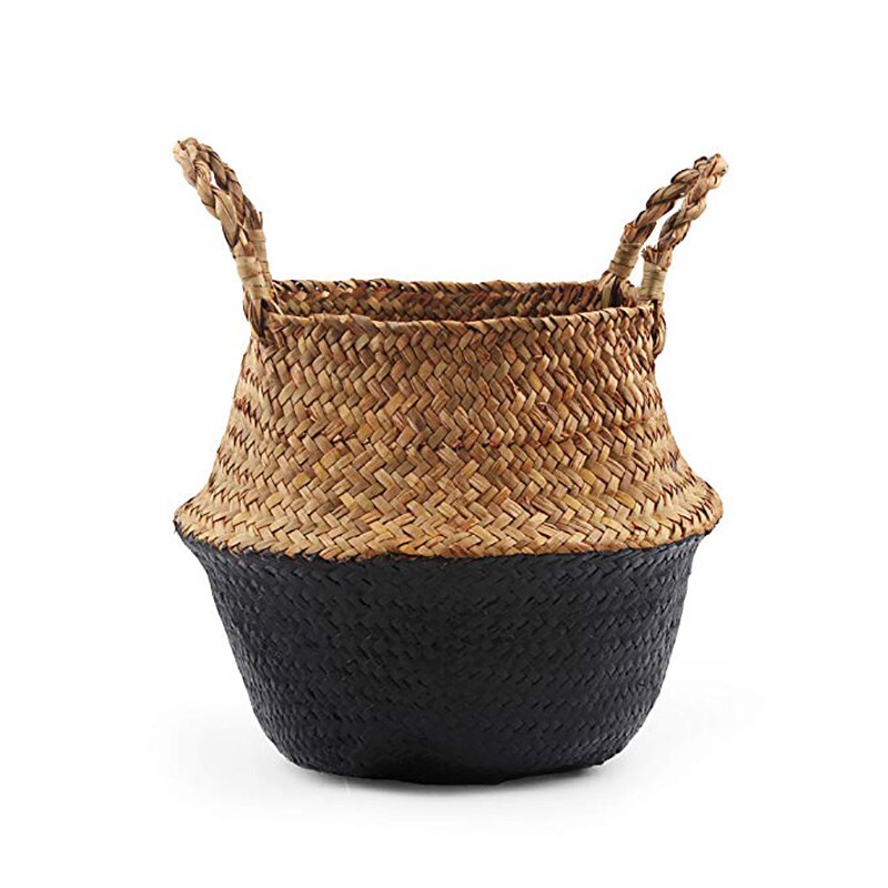 Boho Decor Foldable Handmade Rattan Storage Basket Folding Wicker Seagrass Belly Straw Garden Flower Pot Planter Panier Mimbre: black