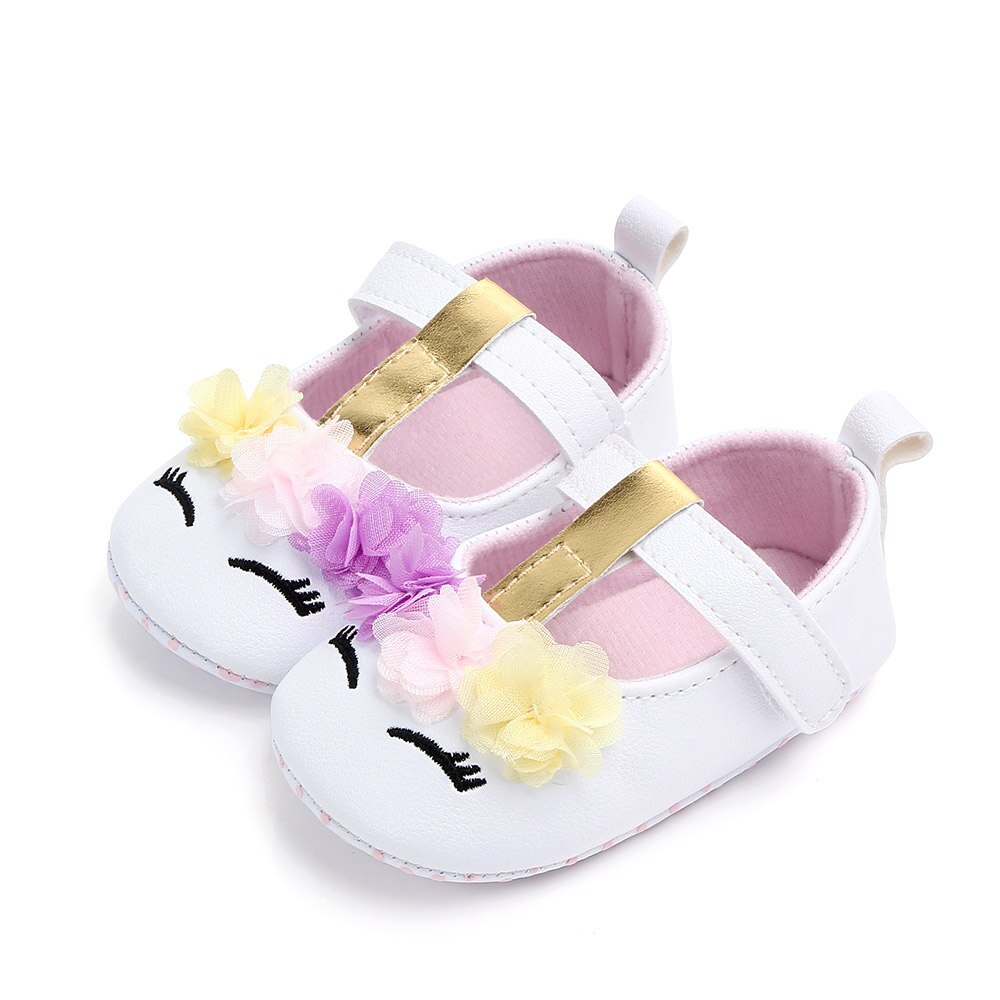 Mærke toddler baby piger blomst enhjørning sko pu læder sko blød såle krybbe sko forår efterår første vandrere 0-18m: Hvid / 6-12m