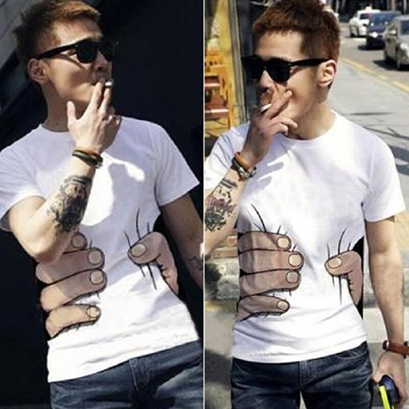 Men&#39;s 3D Printed White T-Shirt Big Hand Grasping Your Waist Pattern T Shirt O-Neck Short Sleeve Casual Tee Tops