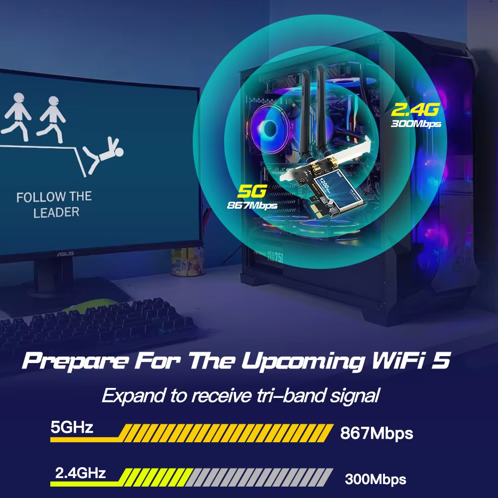 Scheda di rete FENVI WiFi 5 PCI-E AC1200 Dual Band 1200Mbps 2.4G/5GHz 802.11AC con Bluetooth 4.0 per desktop Windows 10/11 Linux