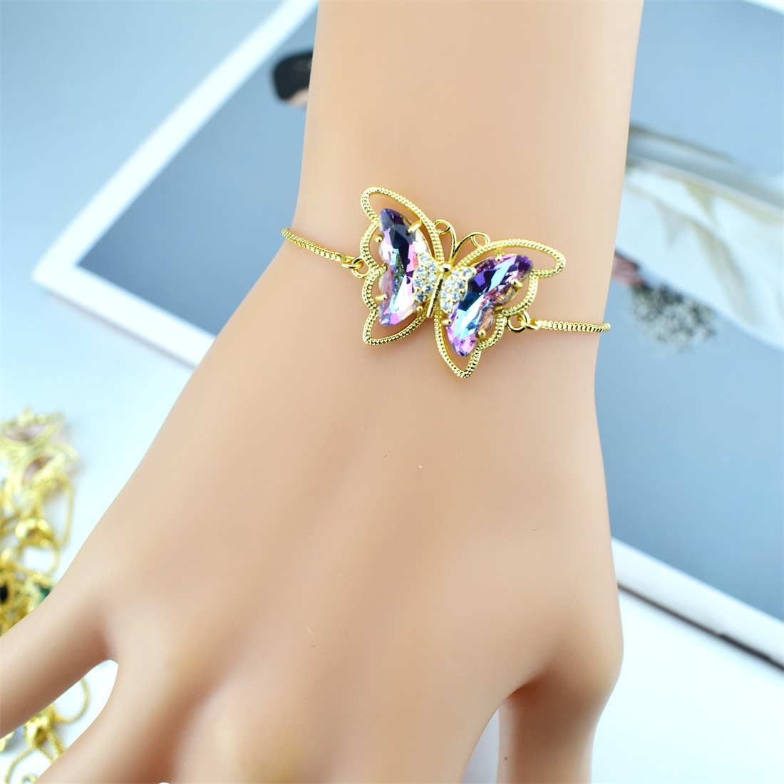 Butterfly Crystal Zircon Bracelet Hollow Butterfly Factory Direct Sales 18 Color Spot Bracelet