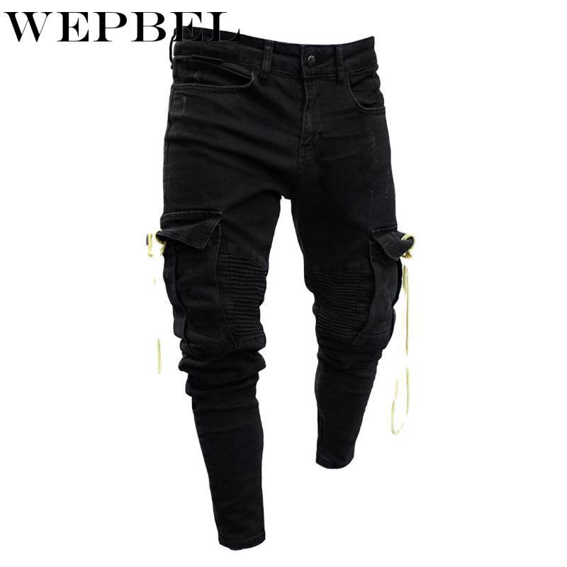 WEPBEL Street Hiphop White Black Men Knee Hole Stretch Denim Pants ...