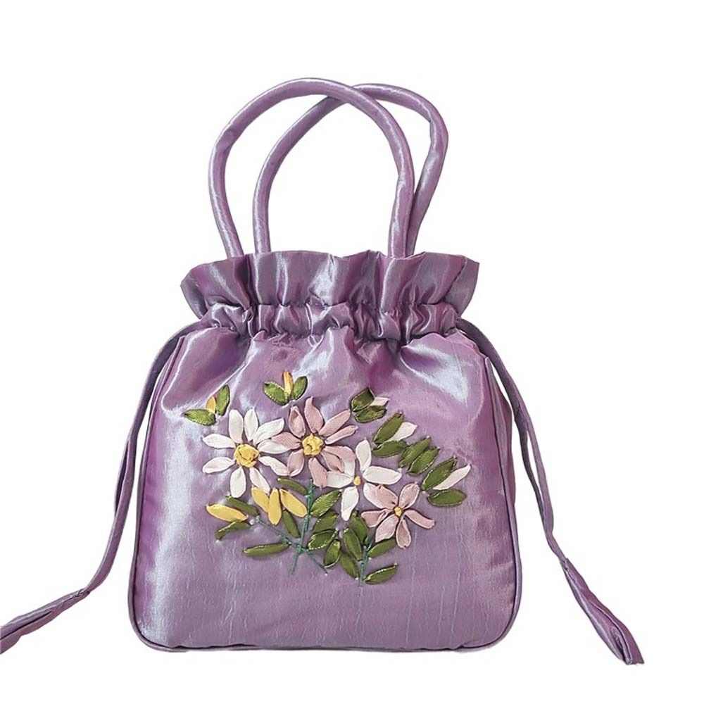 Bolso de mano con bordado de seda satinada para mujer, cartera pequeña con cordón Floral, Hanfu, Retro y